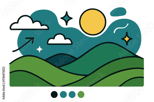 Tranquil Hills Scene. Rolling hills. Scenic landscape with undulating green hills under blue sky, abstract floating clouds, sun, and sparkles;