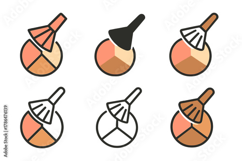 Cosmetic Logo Variations. Blush, highlighter, and bronzer trio. Set Logo of Blush, highlighter, and bronzer trio: fan brush sweeping across triple compact.