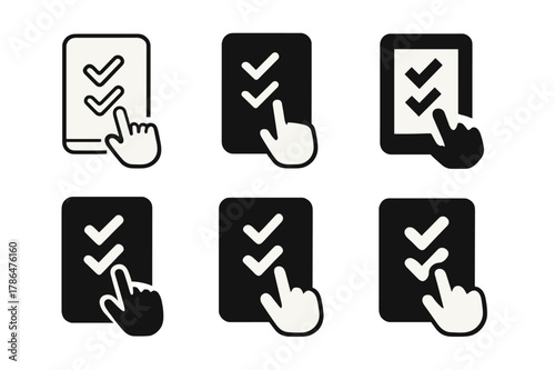 Interactive Quiz Logos. Interactive Quizzes. Set Logo of Interactive Quizzes: touchscreen with checkmarks. harmonious logo variations of the same emblematic