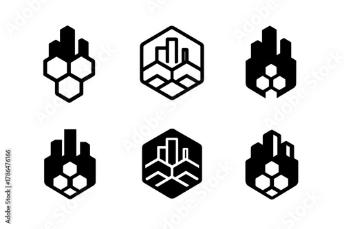 Suburban Beekeeping Logos. Suburban beekeeping with urban landscapes. Set Logo of Suburban beekeeping with urban landscapes: honeycomb hexagon merging into