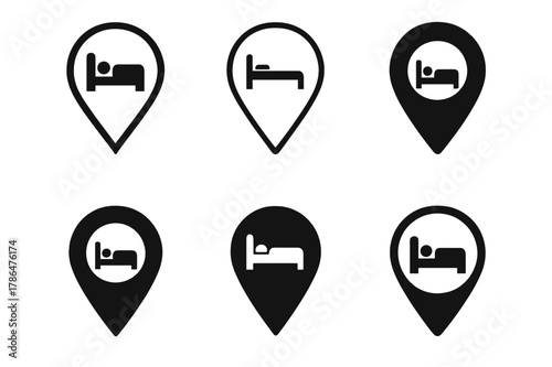 Shelter Logo Variations. Migrant shelters. Set Logo of Migrant shelters: location pin with bed icon. Icon set. harmonious logo variations of the same