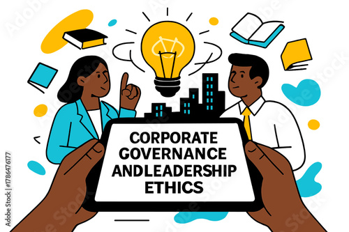 Leadership Vision. Corporate governance and leadership ethics. Hands holding a tablet with a cityscape in the background, a lightbulb glowing with a faint