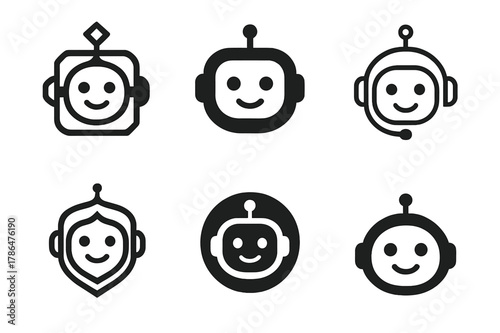 Elderly Care Tech Logos. Elderly care technology. Icon set. Set Logo of elderly care technology: AI companion robot with gentle face. harmonious logo