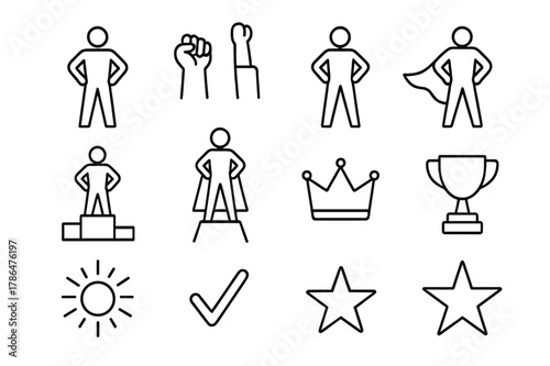 Empowerment Icon Set. Empowerment pose. Line icon set of empowerment pose: person standing tall, arms on hips, raised fist, confident stance, superhero