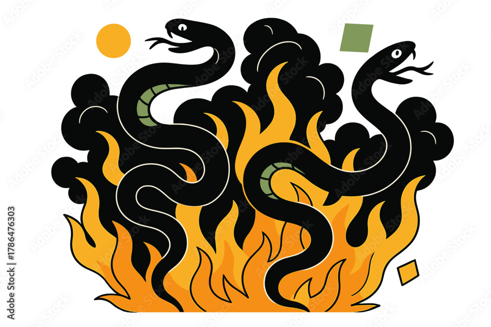 Fototapeta premium Serpents in Fire. Writhing Serpents in Fire. Serpents twisting through fire and smoke with floating abstract geometric shapes, intense and dramatic scene.