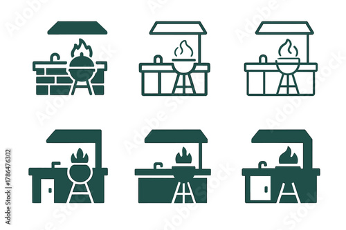 Outdoor Kitchen Icons. Home barbecues and outdoor kitchens. Icon set. Set Logo of home barbecues and outdoor kitchens: modern stone island kitchen with