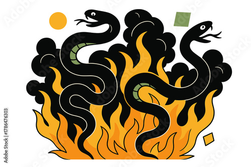 Serpents in Fire. Writhing Serpents in Fire. Serpents twisting through fire and smoke with floating abstract geometric shapes, intense and dramatic scene.