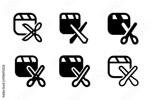Creative Logo Variations. Reels and TikTok storyboard. Icon set. Set Logo of reels and TikTok storyboard: editing scissors and reel strip. harmonious logo