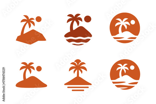Tropical Escape Logos. Island. Set Logo of Tropical Escape: Abstract geometric, Filled silhouette, Negative space, Flat solid, Symmetrical form, Stylized