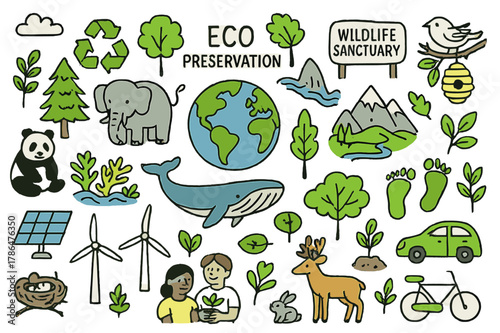 Eco-Friendly Exploration. Eco preservation. Hand-drawn doodle illustration Earth globe (colored), trees (colored), recycling symbols (colored), endangered