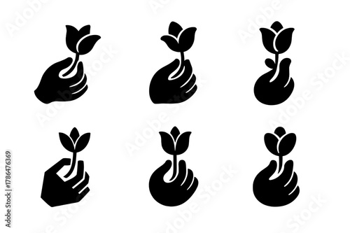 Sensory Logos Grid. How our senses work. Icon set. Set Logo of How our senses work: hand holding flower for smell. harmonious logo variations of the same