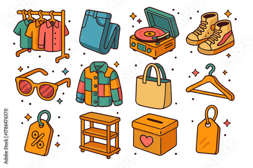Thrift Store Icons. Thrift store finds. Colorful isometric vector icons set of Thrift store finds: vintage shirt rack, used jeans, record player, old sneakers,