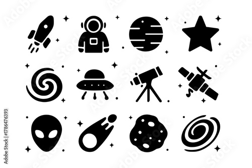 Space Exploration Icons. space exploration. Solid icons set of space exploration: rocket, astronaut, planet, star, galaxy, spaceship, telescope, satellite,
