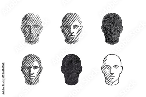 Harmonious Logo Variations. Creating a pencil sketch for a portrait. Set Logo of cross-hatching: hatch strokes forming a face. Icon set. harmonious logo