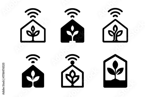 Smart Agriculture Logos. Smart agriculture solutions. Icon set. Set Logo of Smart agriculture solutions: sensor-enabled greenhouse. harmonious logo variations