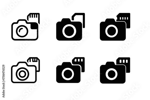 Digital Camera Logos. Digital cameras. Set Logo of Digital cameras: memory card being inserted into camera slot. Icon set. harmonious logo variations of the