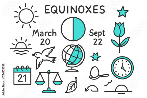 Equinox Doodle Illustration. // Equinoxes. Hand-drawn doodle illustration Equinoxes [Sun, equal day-night circle (accented), March label, Sept label