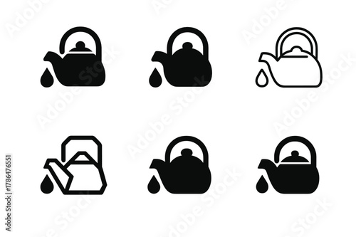 Tea Kettle Logos. tea kettle spout. Set Logo of tea kettle spout: droplet falling from spout. Icon set. harmonious logo variations of the same emblematic