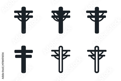 Utility Pole Logos. Pole. Set Logo of Pole: Utility pole with power lines. Icon set. harmonious logo variations of the same emblematic concept, each with
