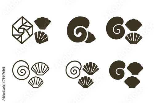 Seashell Logo Variations. Tidal pools and their diverse aquatic life. Set Logo of seashell cluster: spiral and fan shells together. Icon set. harmonious logo