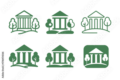 Park Architecture Icons. Architecture of public parks and green spaces. Icon set. Set Logo of architecture of public parks and green spaces: pavilion structure