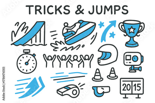 Doodle Action Sports. // Tricks & jumps. Hand-drawn doodle illustration Tricks & jumps [ramp wake (accented), airborne jet ski (accented), splash stars, flip