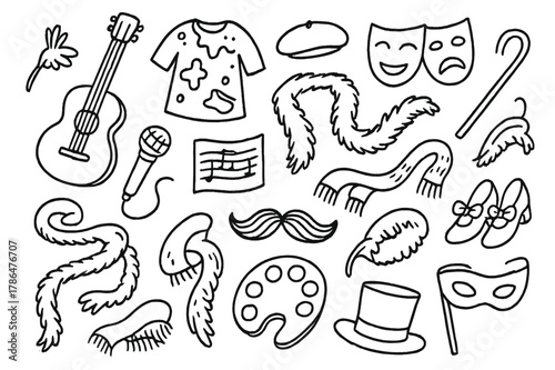 Creative Arts Icons. Hand-drawn doodle illustration, Artistic expression Hand-drawn doodle illustration Artistic expression guitars, microphones, music sheets,