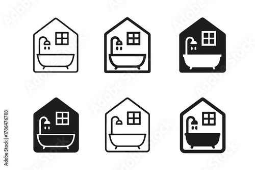 Bathroom Logo Icons. Bathroom renovation plan. Icon set. Set Logo of bathroom renovation plan: minimalist bathroom interior transformation concept. harmonious
