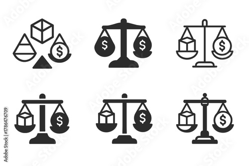 Tariff Negotiations Icons. tariff negotiations. Set Logo of tariff negotiations: balance scale with goods and currency. Icon set. harmonious logo variations of