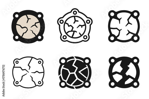 Gasket Icon Variations. Worn-out gasket or seal. Icon set. Set Logo of worn-out gasket or seal: brittle paper gasket with cracks. harmonious logo variations of
