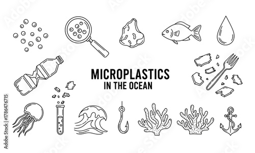 Collection of handdrawn microplastic pollution icons in the ocean