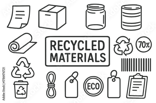 Recycled Materials Icons. Recycled materials label pack. Hand-drawn doodle illustration Recycled materials label pack paper sheet, cardboard box, glass jar,