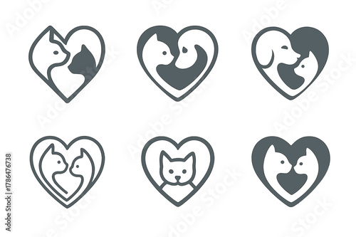 Pet Adoption Logos. Pet adoption services and advocacy. Set Logo of Pet adoption services and advocacy: cat and dog outline forming heart. Icon set. harmonious