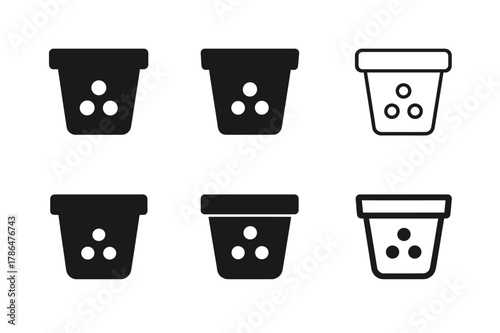 Plant Pot Logos. Plant pot. Icon set. Set Logo of plant pot: nursery grow pot with drainage holes. harmonious logo variations of the same emblematic concept,