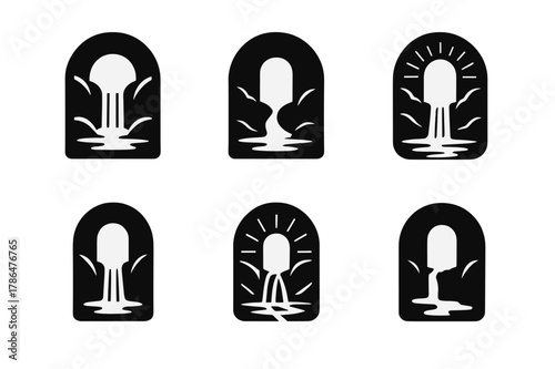 Mystical Landscape Logos. Mystical landscapes. Icon set. Set Logo of mystical landscapes: waterfall gateway forming a luminous portal. harmonious