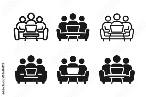 Remote Work Logos. Remote work hubs. Set Logo of remote work hubs: community lounge with laptops. Icon set. harmonious logo variations of the same emblematic