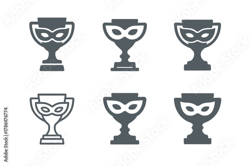 Cosplay Logo Variations. Fan conventions and cosplay events. Set Logo of cosplay contest: trophy with masquerade mask. Icon set. harmonious logo variations of