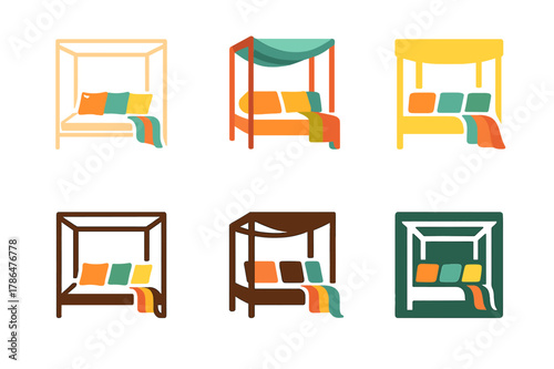 Colorful Garden Logo Set. Adding colorful outdoor cushions and throws to a garden seating area. Set Logo of pergola daybed: canopy frame with layered throws.