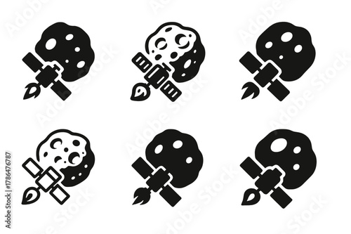 Asteroid Belt Logos. Asteroid belt studies. Icon set. Set Logo of Asteroid belt studies: spacecraft orbiter with ion thruster near asteroid. harmonious logo
