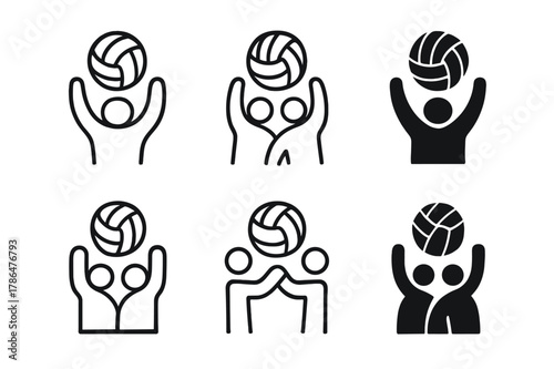 Volleyball Teamwork Logos. A person participating in a team sport like volleyball, showing teamwork. Set Logo of A person participating in a team sport like