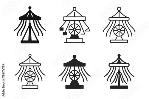May Day Emblems. May day at an amusement park. Icon set. Set Logo of May day at an amusement park: maypole ribbons near carousel. harmonious logo variations of