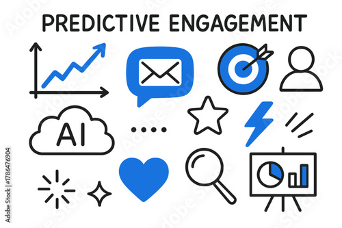 Predictive Engagement Icons. // Predictive engagement. Hand-drawn doodle illustration Predictive engagement [graph forecast (accented), target (accented),
