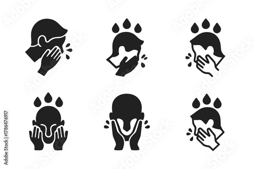 Face Washing Icons. Washing your face. Icon set. Set Logo of Washing your face: face with water droplets. harmonious logo variations of the same emblematic