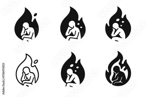 Restless Mind Logos. restless figure surrounded by floating thoughts. Set Logo of restless figure surrounded by floating thoughts: Flame. harmonious logo