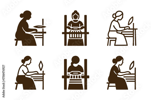 Rural Women Entrepreneurs Logos. Women entrepreneurs in rural areas. Set Logo of women entrepreneurs in rural areas: weaving loom with shuttle. Icon set.
