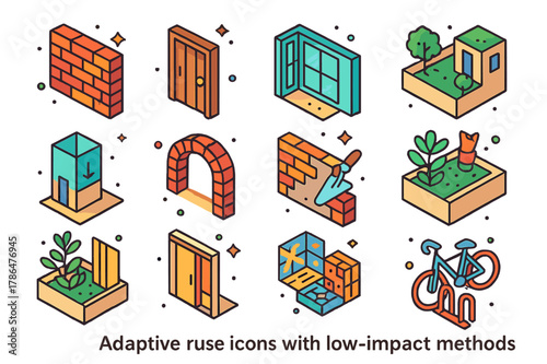Colorful Eco Icons. Adaptive reuse with low-impact methods. Colorful isometric vector icons set of Adaptive reuse with low-impact methods: reclaimed brick