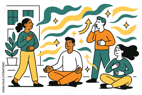 Mindful Office Retreat. Digital detox for employees. Team practicing breathing exercises in office courtyard with abstract floating waves, arrows,