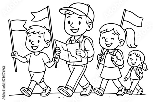 Community Procession Coloring Page. Community procession children?s coloring book illustration, outlined drawing, a group of smiling travelers walking together