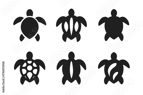 Sea Turtle Logos. Aquatic life and underwater creatures. Set Logo of sea turtle gliding: Symmetrical form, Iconic shape, Flat solid, Minimal outline, Abstract