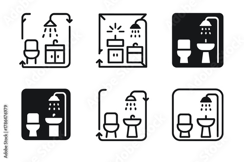 Bathroom Logo Icons. Bathroom renovation plan. Icon set. Set Logo of bathroom renovation plan: minimalist bathroom interior transformation concept. harmonious